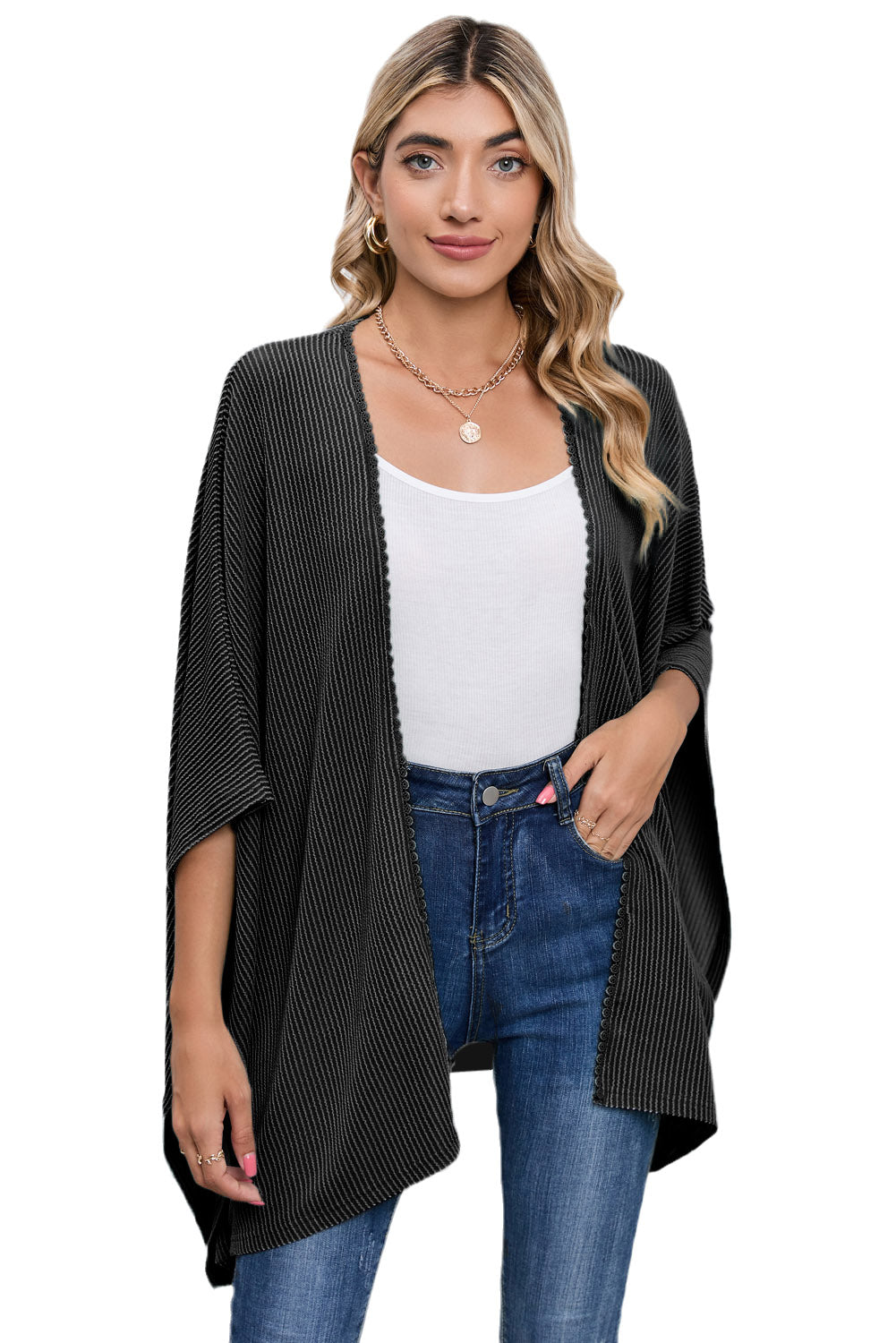 Apricot Textured Lace Trim Open Front Kimono Cardigan