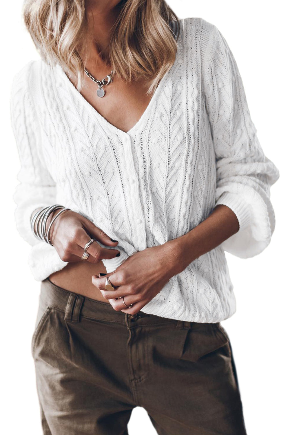 White Solid Cable Knit V Neck Puff Sleeve Cardigan