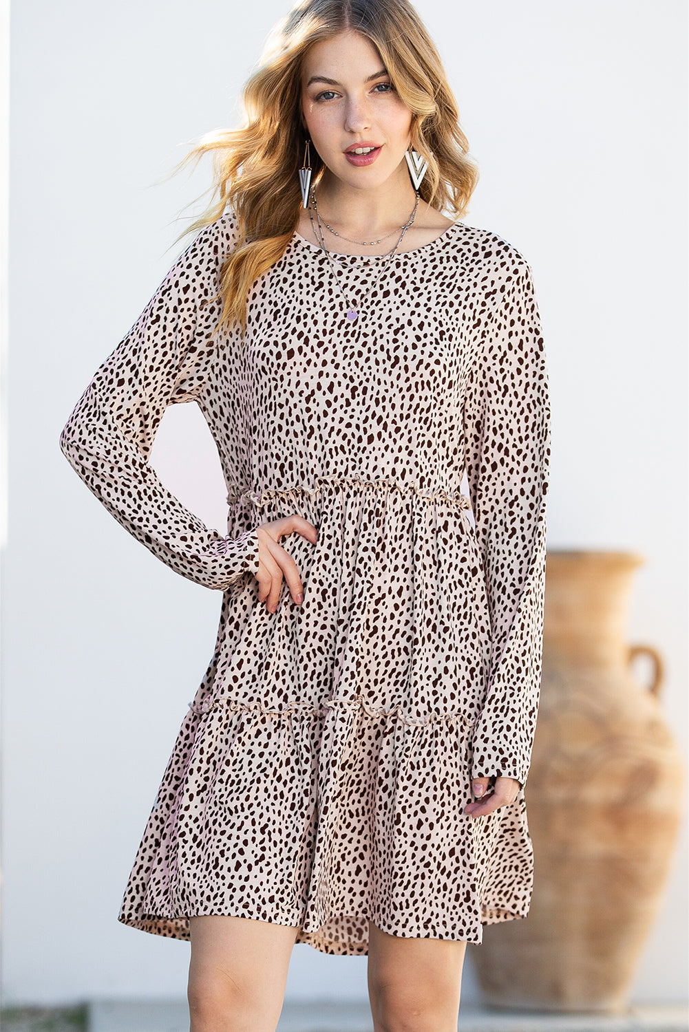 Leopard Animal Print Tiered Long Sleeve Mini Dress