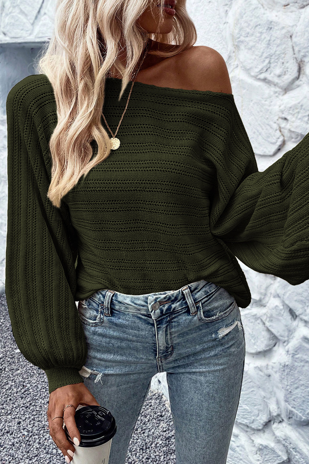 Pickle Green Casual Lantern Sleeve Eyelet Knit Sweater