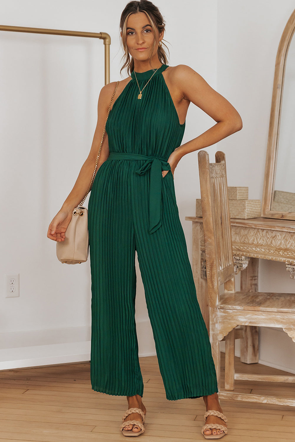 Black Elegant Halter Neck Belted Pleated Wide Leg Jumpsuit