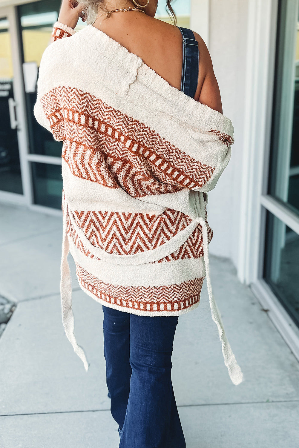 White Geometric Print V Neck Belted Cardigan