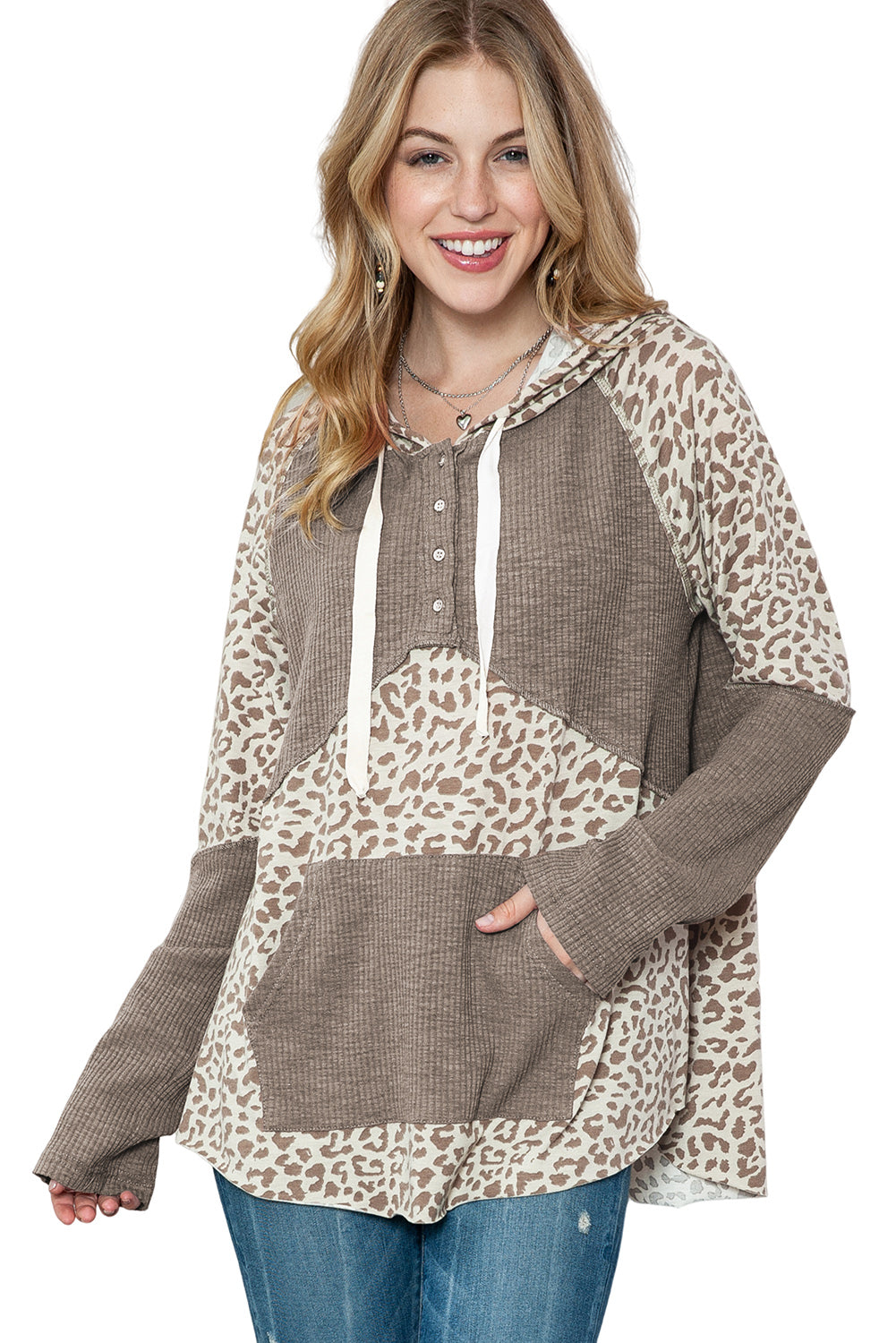 Leopard Ribbed Patchwork Kangaroo Pocket Henley Hoodie