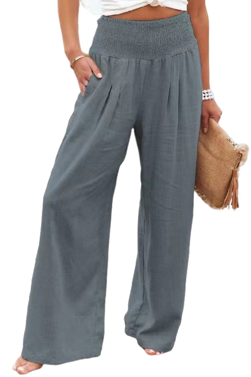 Gray Smocked Wide Waistband High Waist Wide Leg Pants