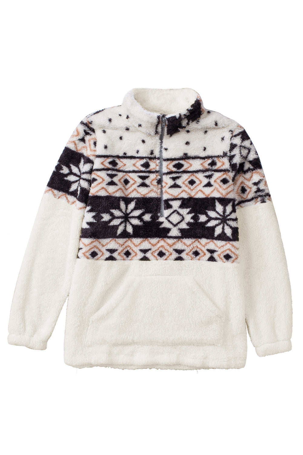 White Geometric Print Zip Neck Pocket Fluffy Fleece Sweatshirt