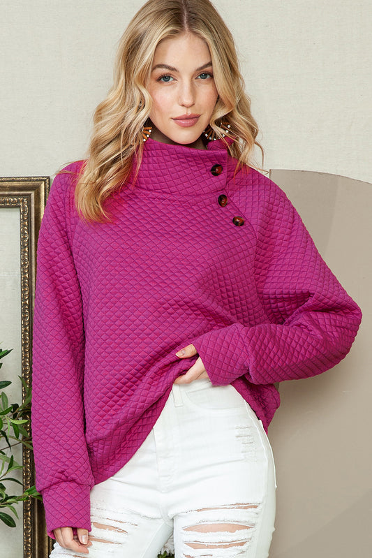 Apricot Quilted Buttoned Neck Pullover Sweatshirt