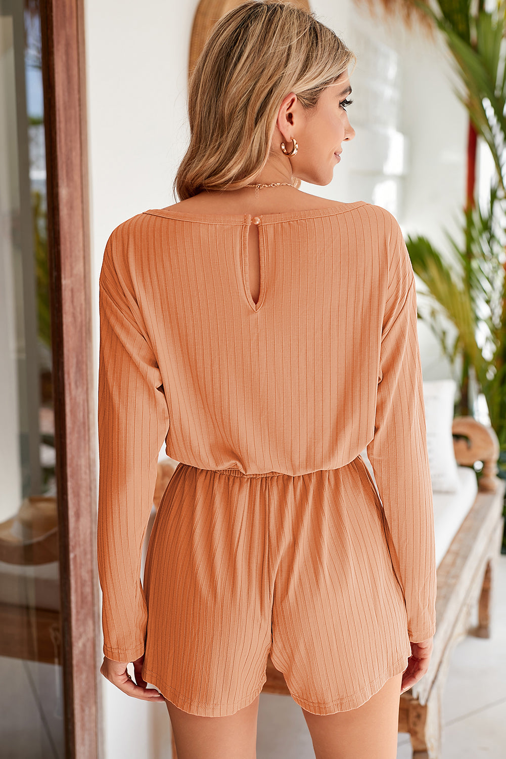 Orange Ribbed Drawstring Waist Long Sleeve Romper