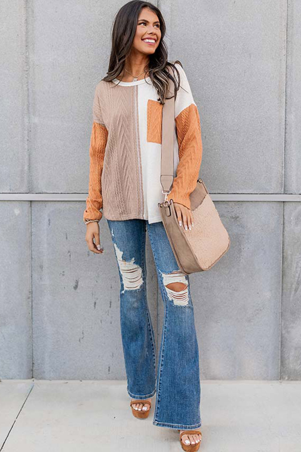 Peach Blossom Long Sleeve Patchwork Pocket Textured Knit Top