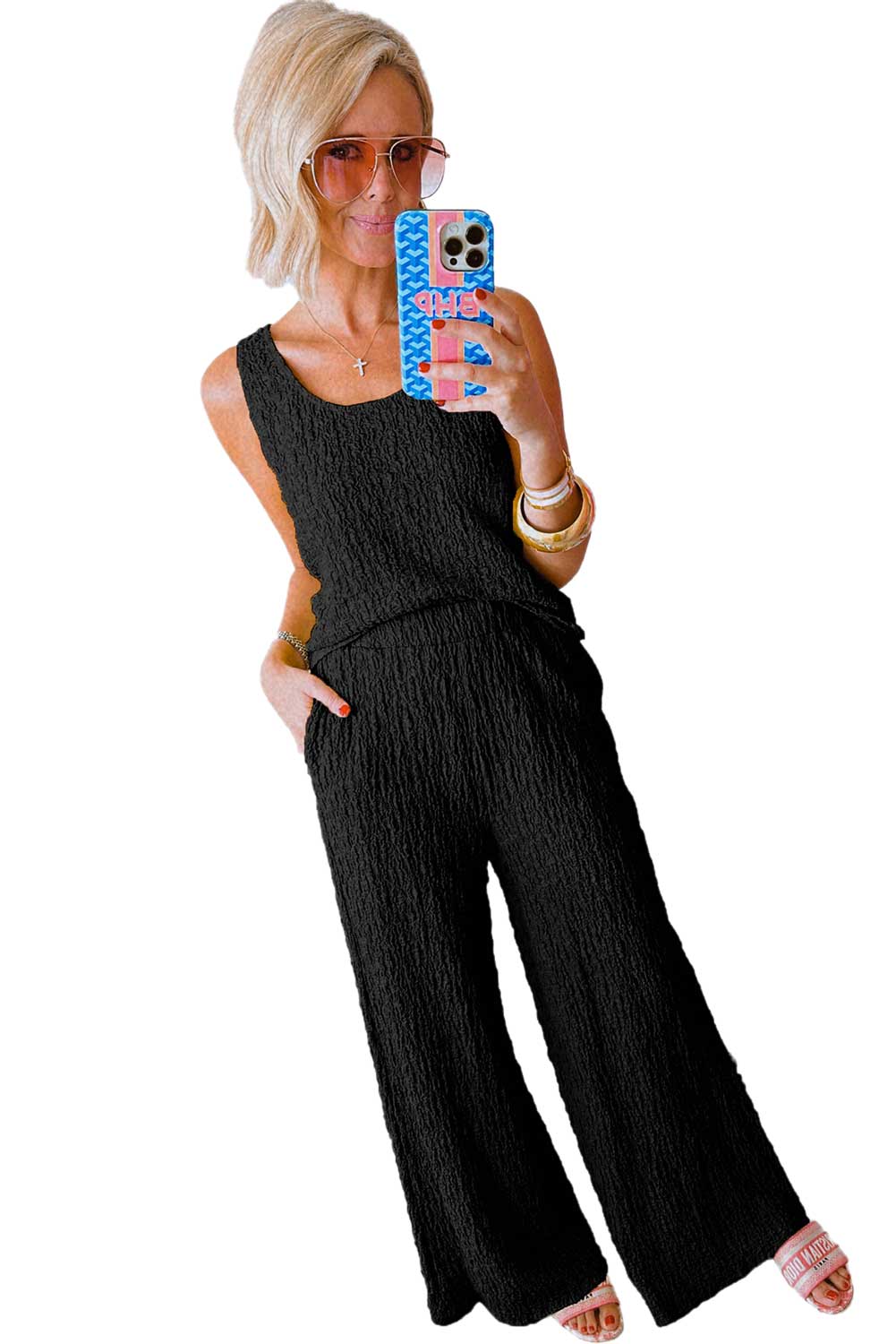 Black Crinkled U Neck Tank and Wide Leg Pants Set