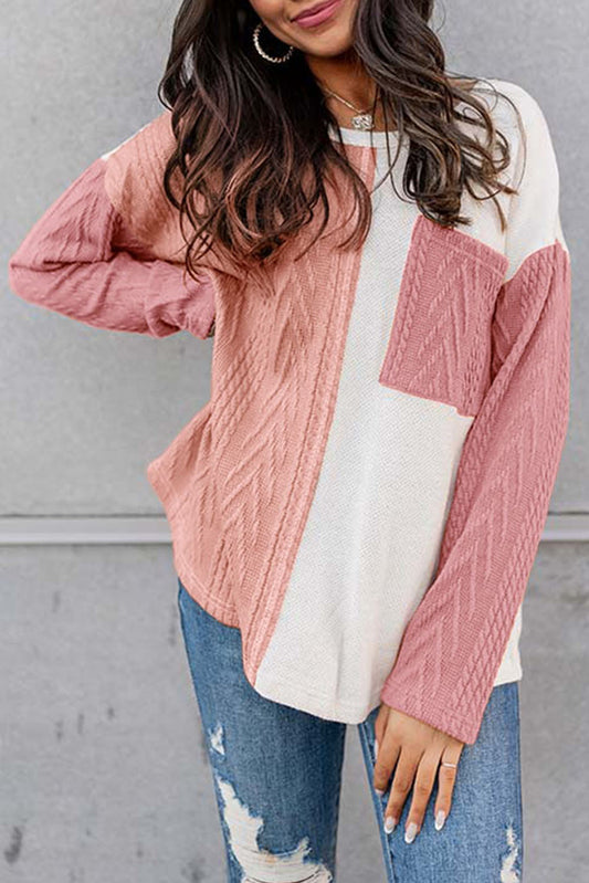 Peach Blossom Long Sleeve Patchwork Pocket Textured Knit Top