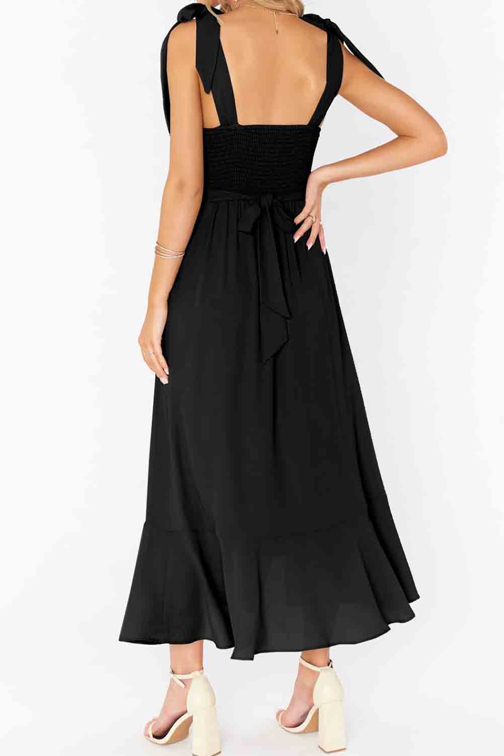 Black Tie Shoulder Smocked Back Side Slit Maxi Dress