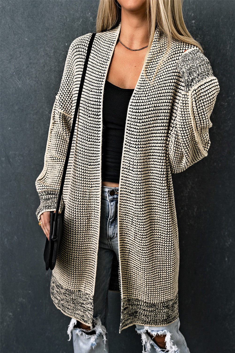 Black Plaid Casual Contrast Trim Knit Cardigan