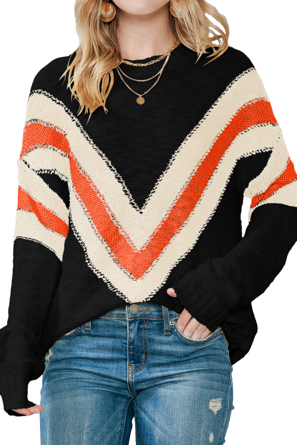 Chevron Striped Drop Shoulder Long Sleeve Pullover Sweater