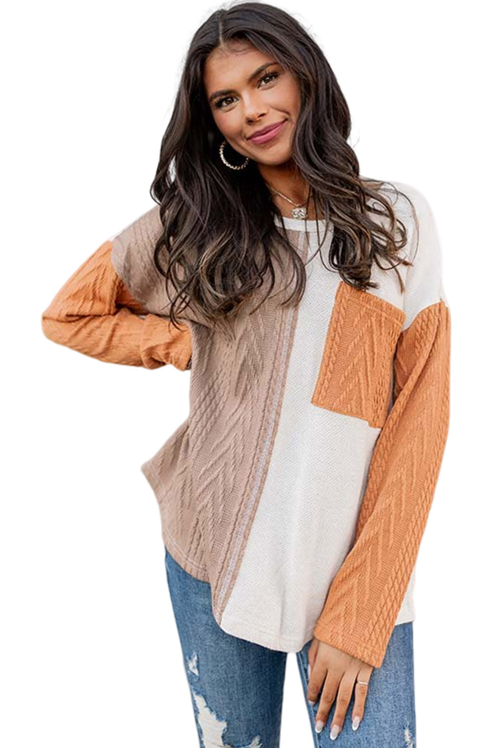 Peach Blossom Long Sleeve Patchwork Pocket Textured Knit Top