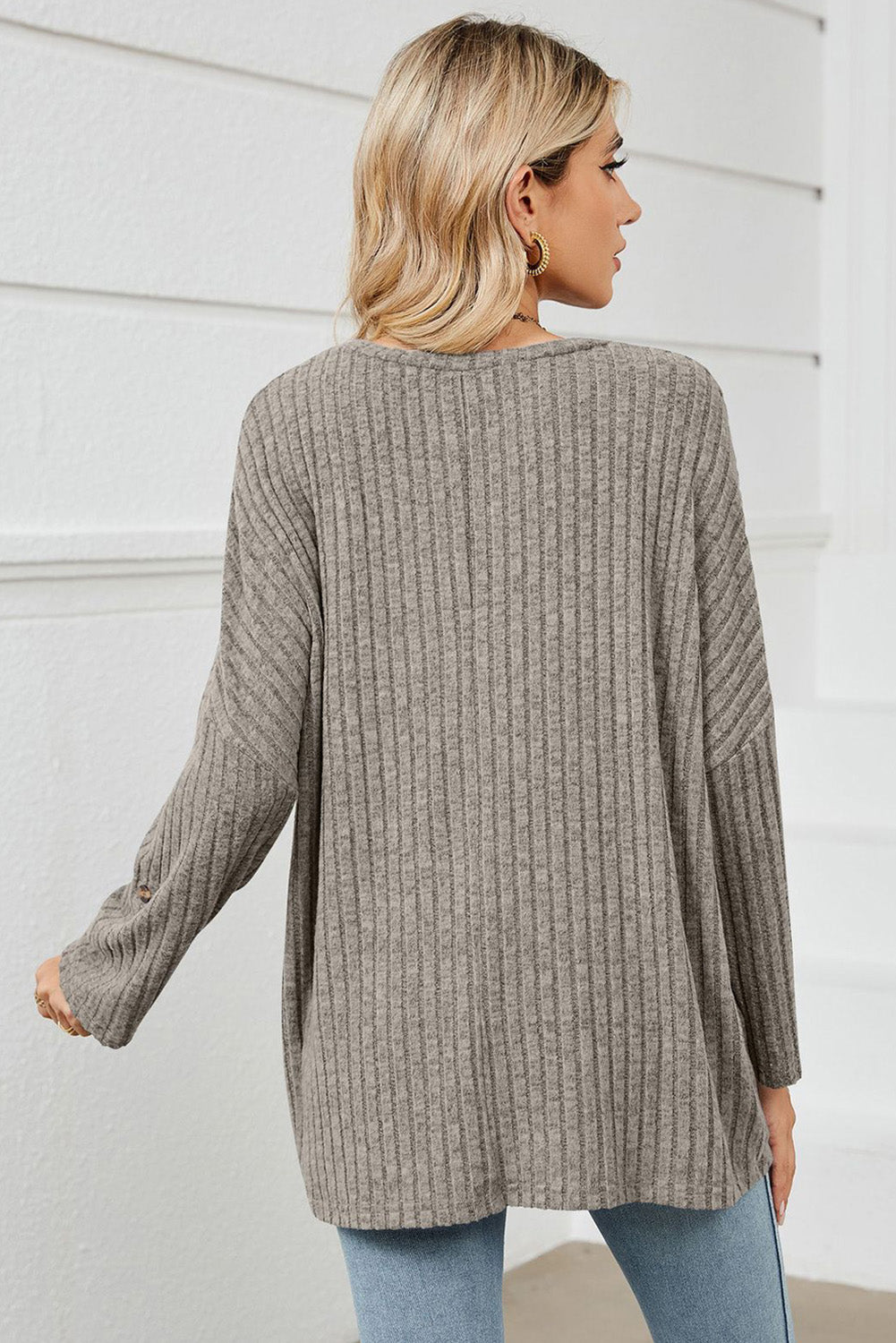 Taupe Ribbed Knit Oversized Pocketed Long Sleeve Top