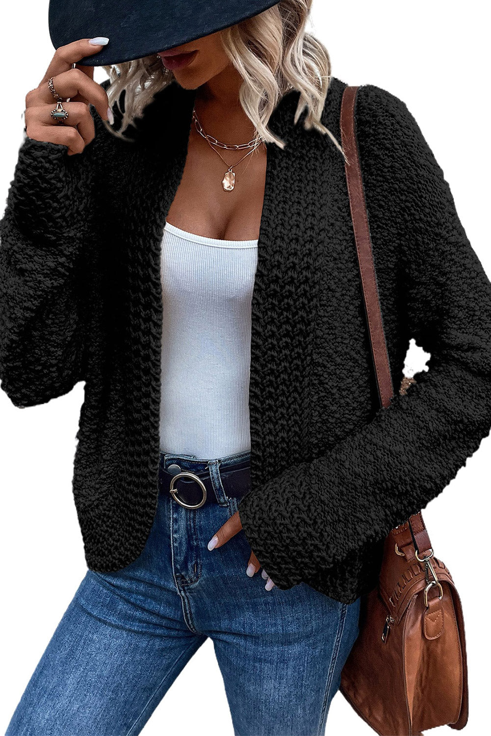 Gray Popcorn Knit Open Front Cardigan