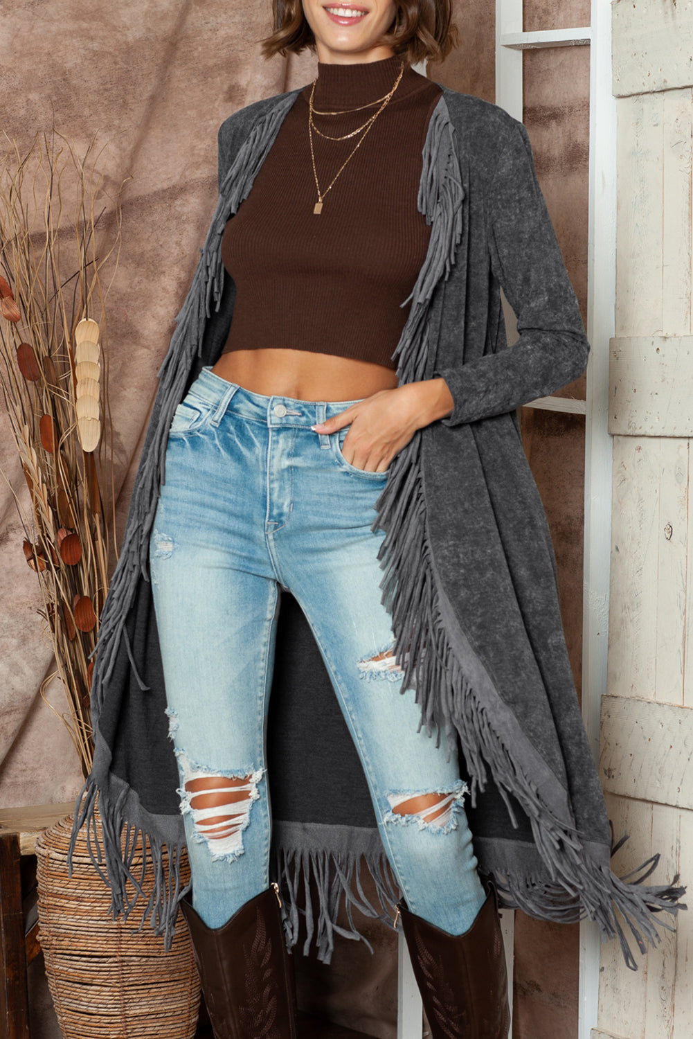 Black Mineral Washed Tassel Open Front Long Cardigan