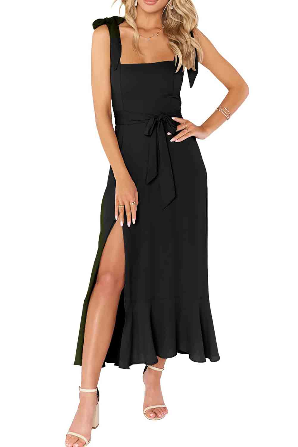 Black Tie Shoulder Smocked Back Side Slit Maxi Dress