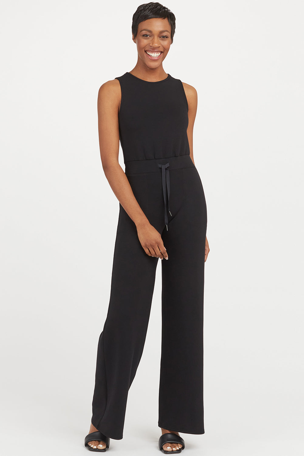 Black Solid Sleeveless Wide Leg Tank Jumpsuit