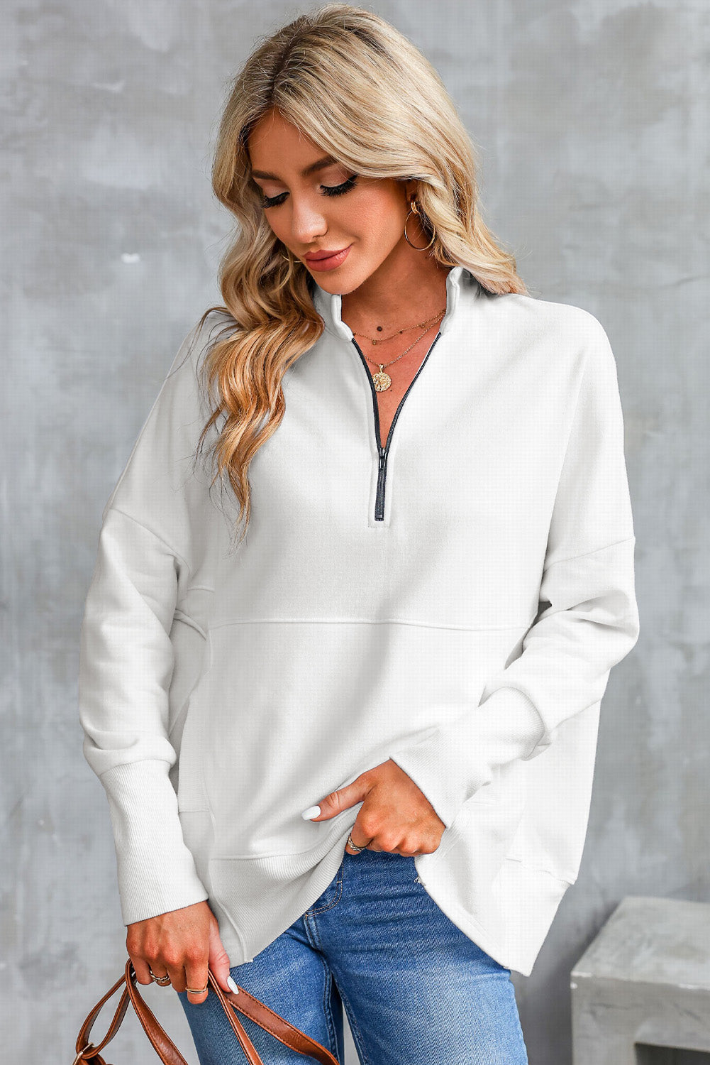 White Oversized Quarter-Zip Pullover Sweatshirt