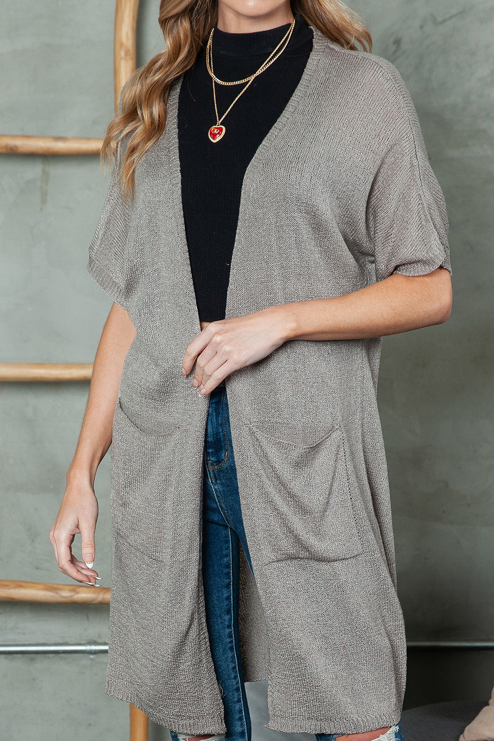 Black Dolman Half Sleeve Pocketed Long Cardigan