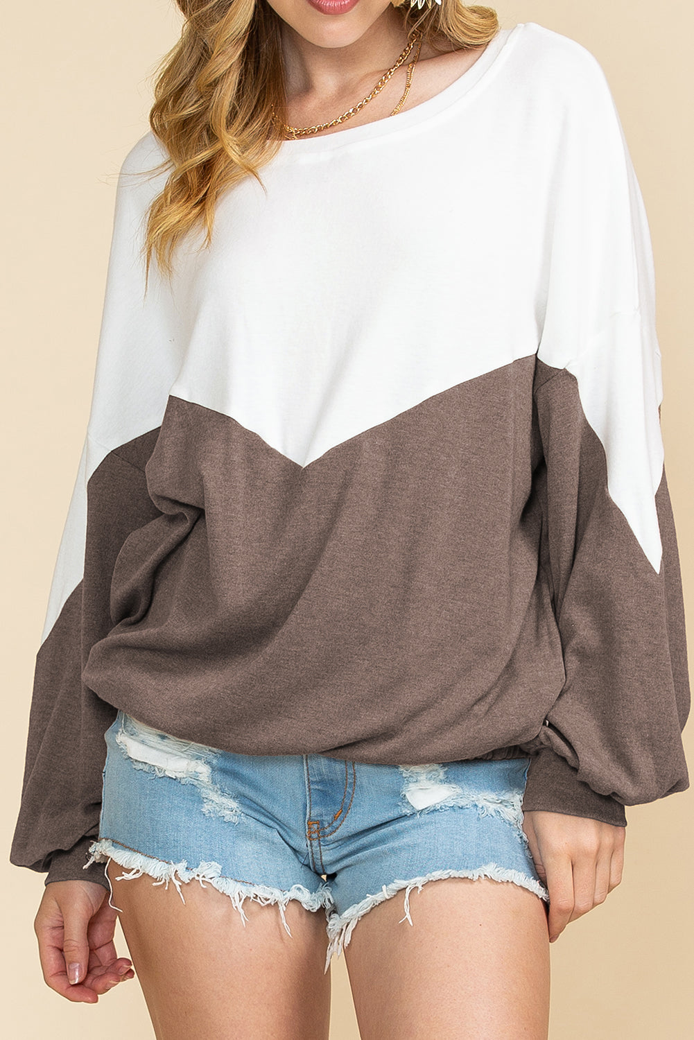 Khaki Colorblock Back Keyhole Elastic Hem Sweatshirt