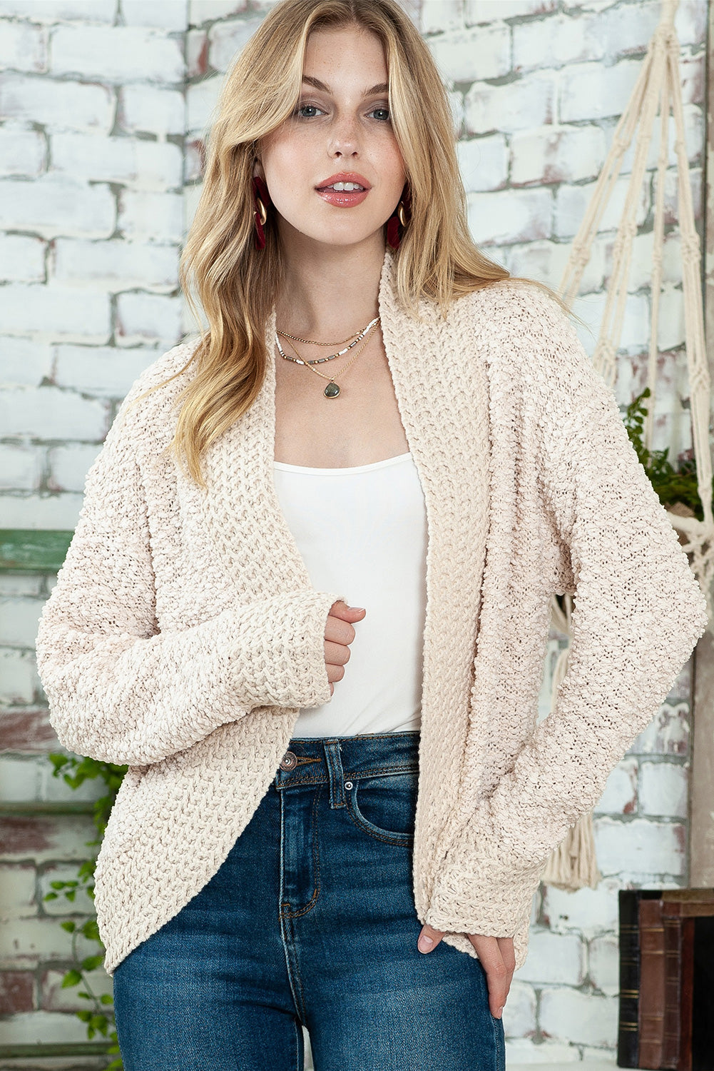 Gray Popcorn Knit Open Front Cardigan