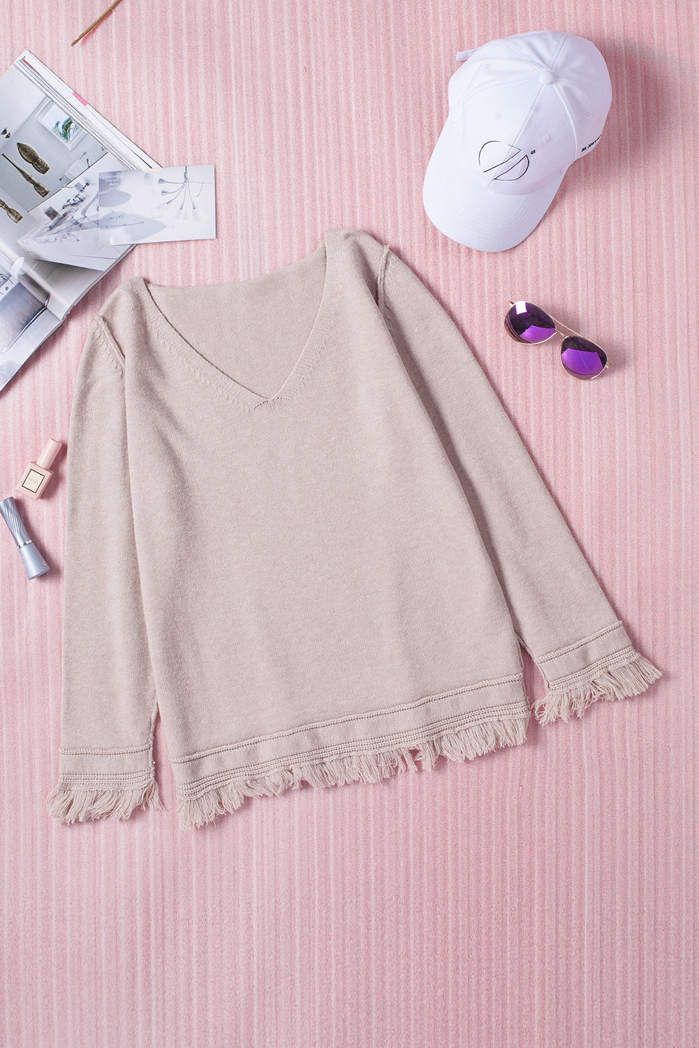 Apricot Pullover Fringe Hem V Neck Sweater