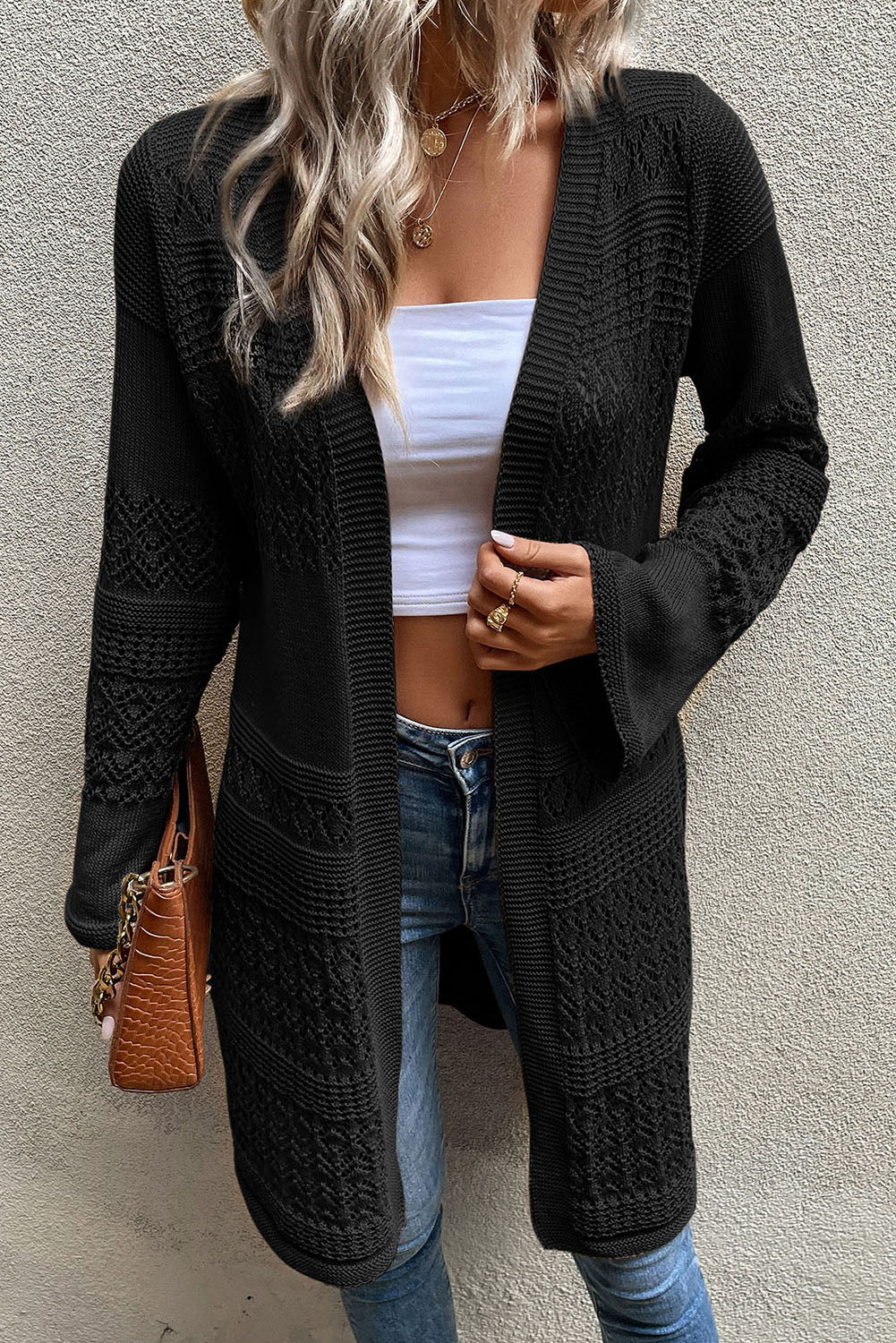 Khaki Pointelle Knit Open Front Long Cardigan