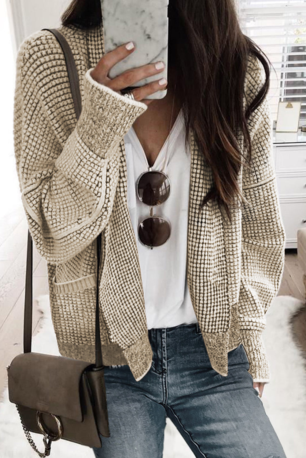 Black Chunky Knit Pockets Drop Sleeve Cardigan