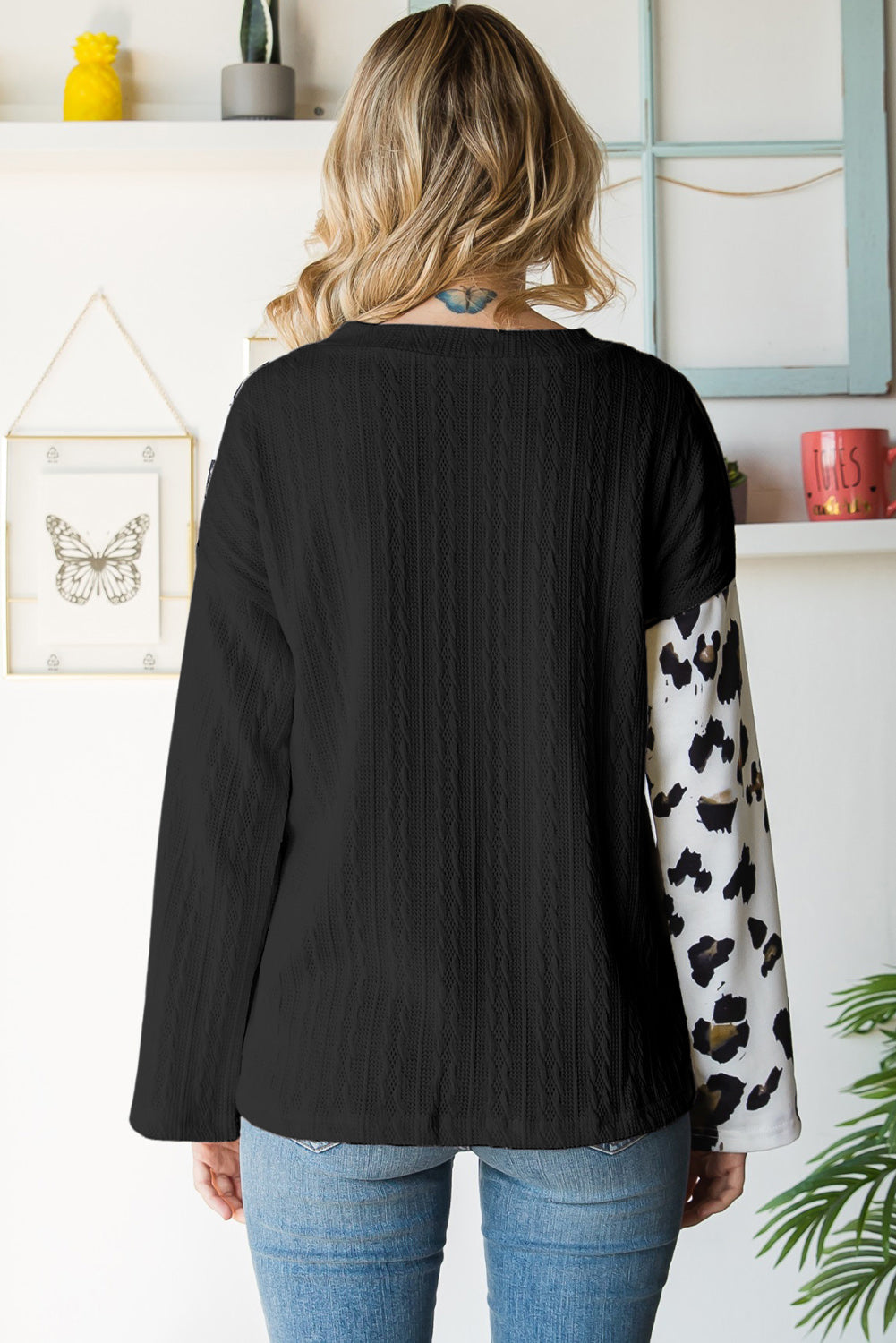 Black V Neck Leopard Colorblock Patchwork Long Sleeve Top