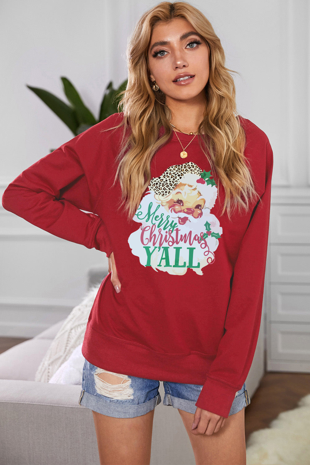 Red Merry Christmas Y’all Santa Claus Print Pullover Graphic Sweatshirt