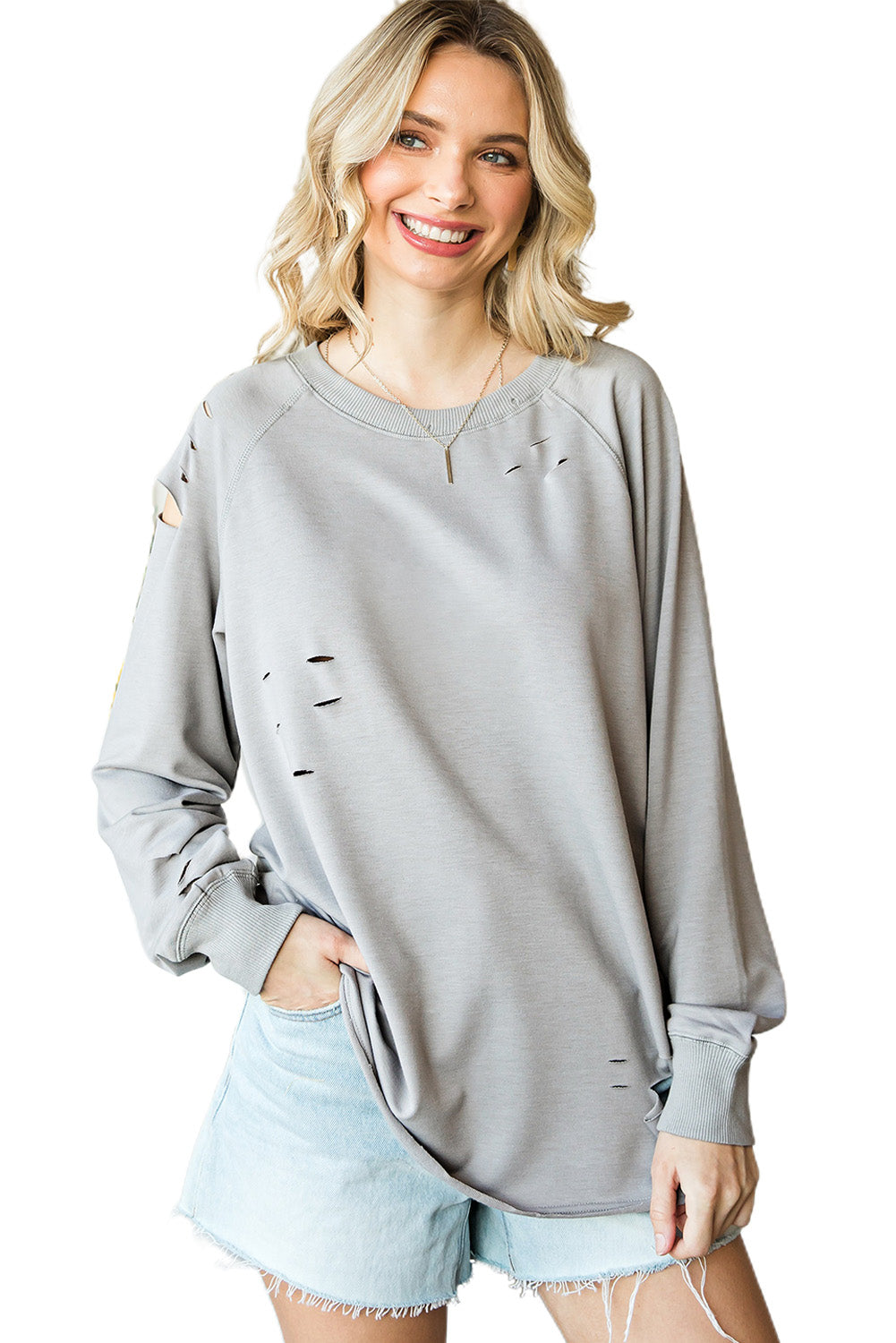 Grey Raglan Sleeve Distressed Sweatshirt