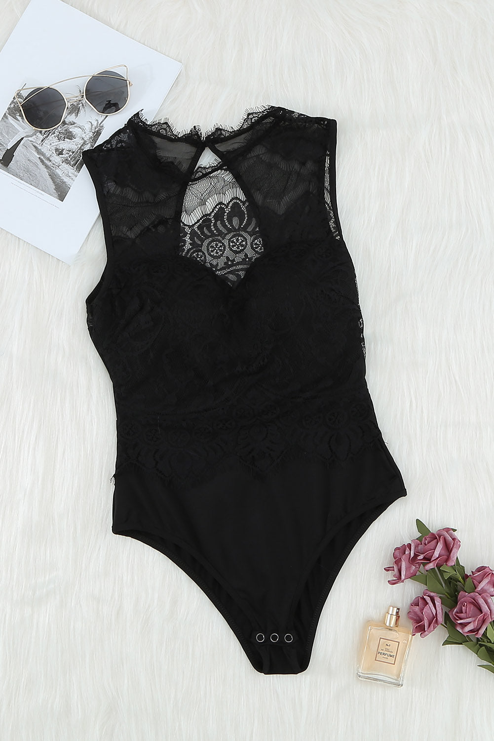 Black Sexy Sleeveless Slim Fit Lace Bodysuit for Women