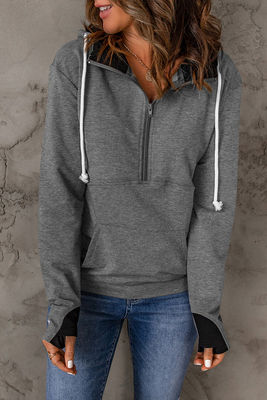 Grey Pocket Half Zip Thumbhole Sleeve Hoodie