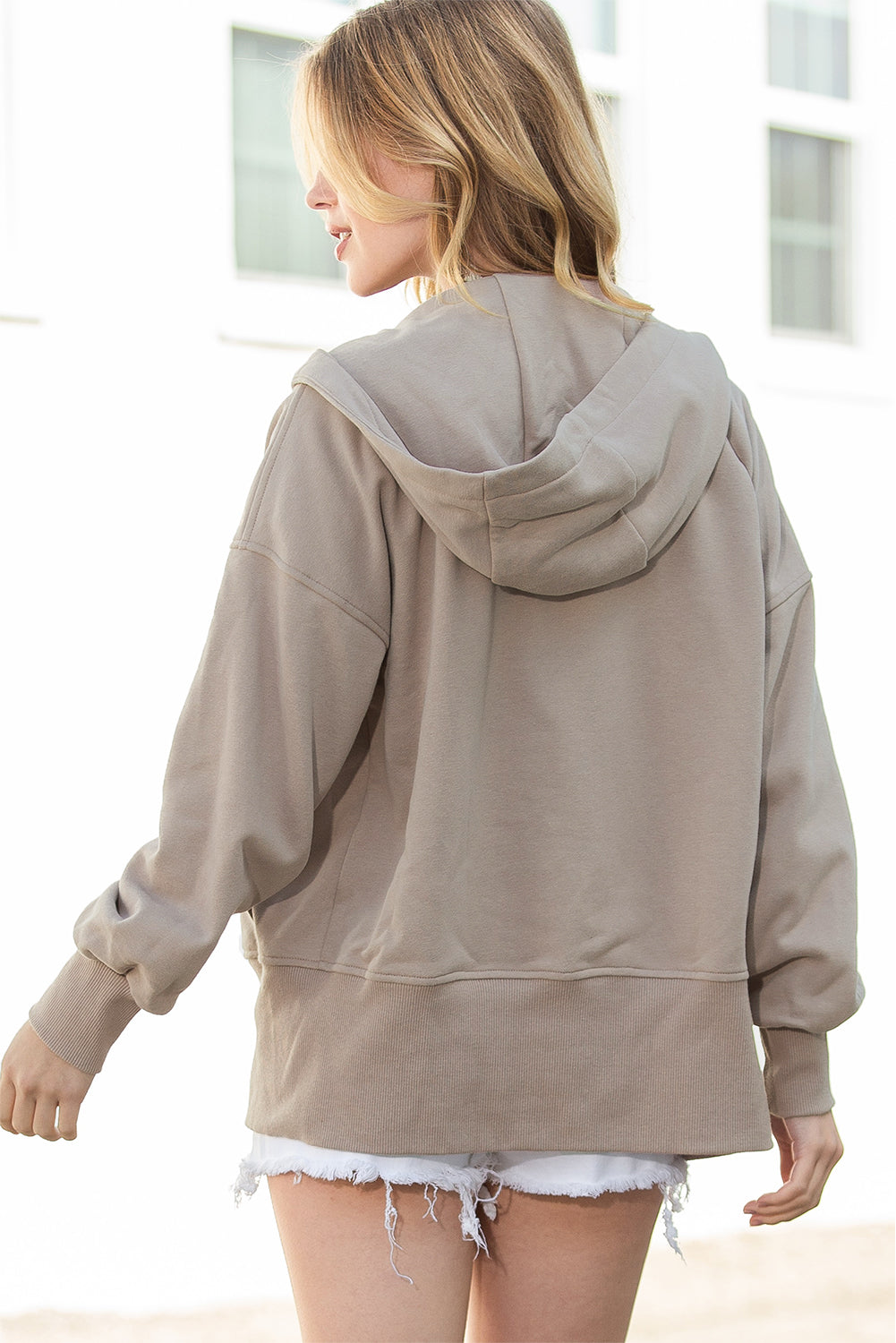 Brown Plain Pockets Zip Up Drawstring Hoodie