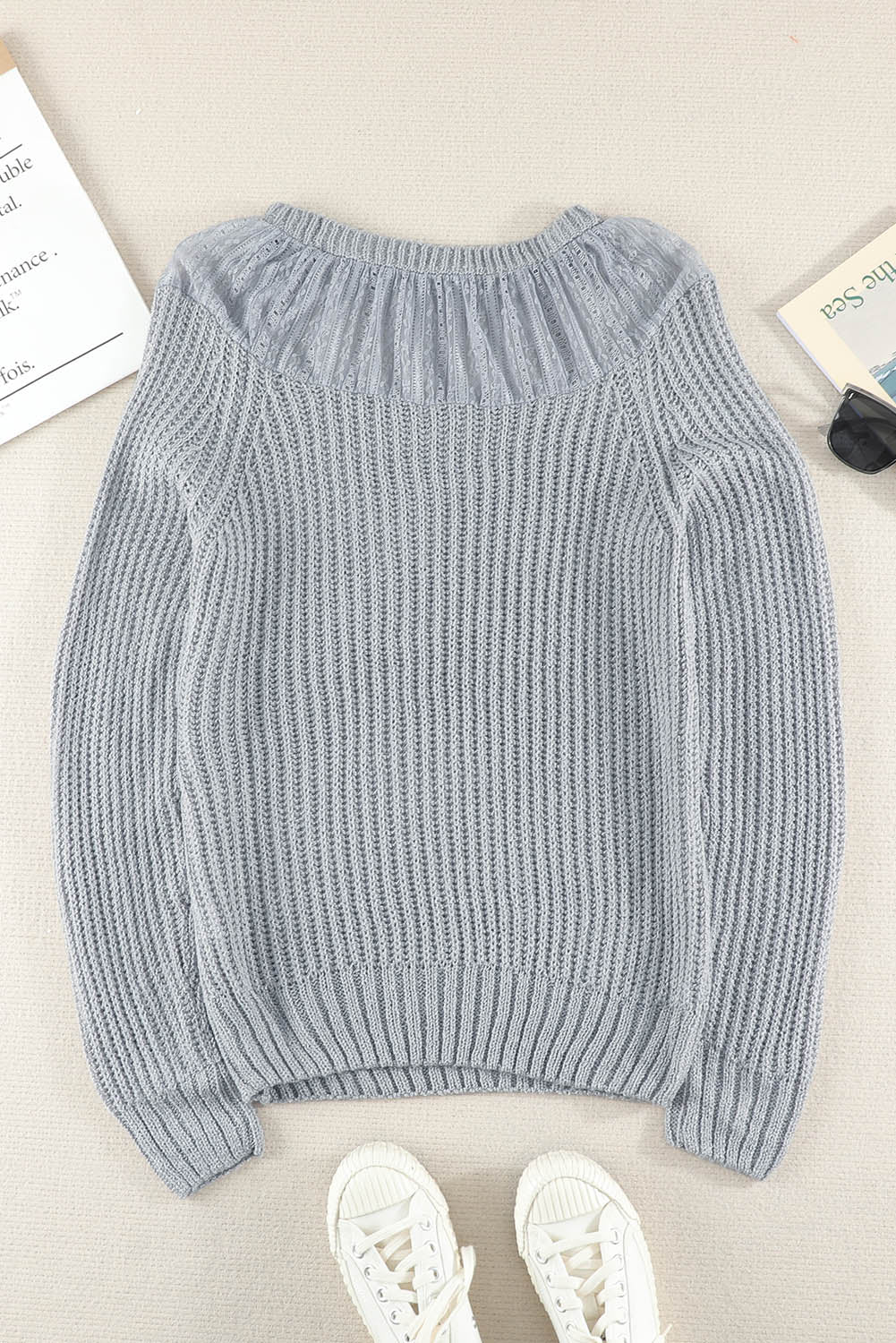 Gray Round Neck Lace Splicing Knitted Sweater