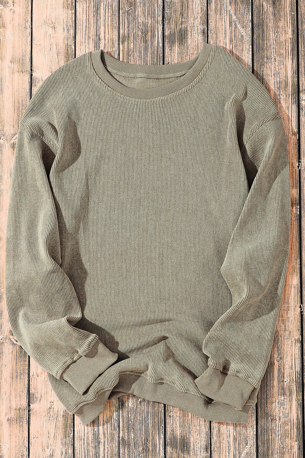 Green Ribbed Round Neck Drop Sleeve Pullover Sweatshirt