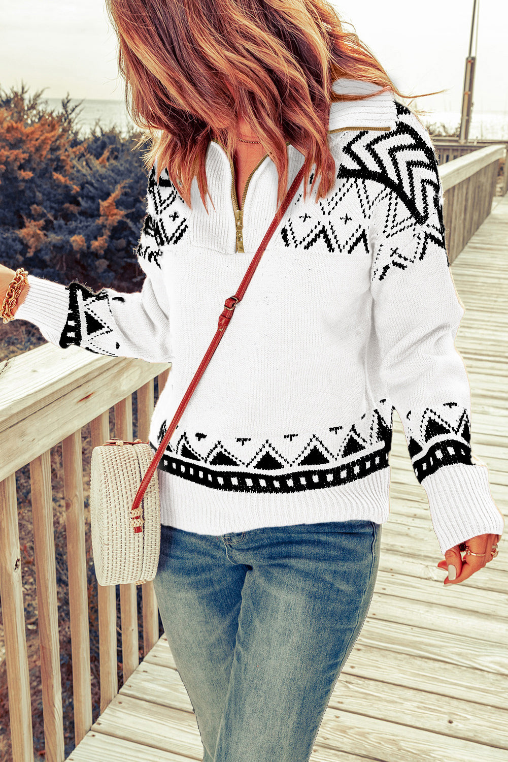 White and Black Geometric Collared Quarter Zip Sweater