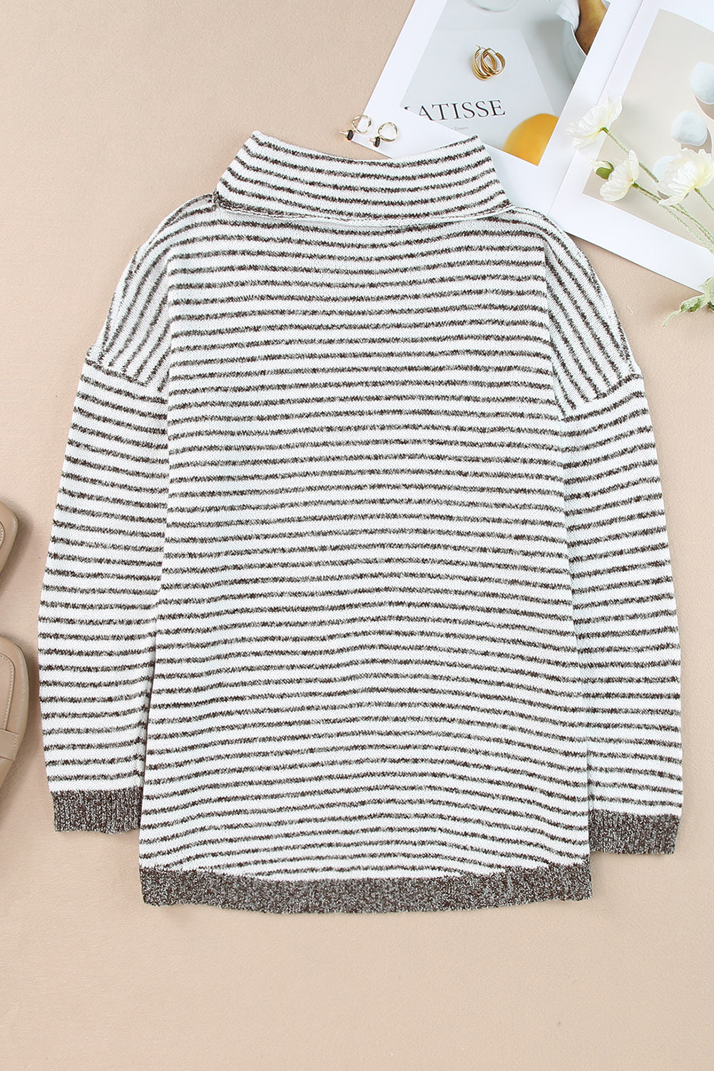 Khaki Striped Turtleneck Oversized Sweater