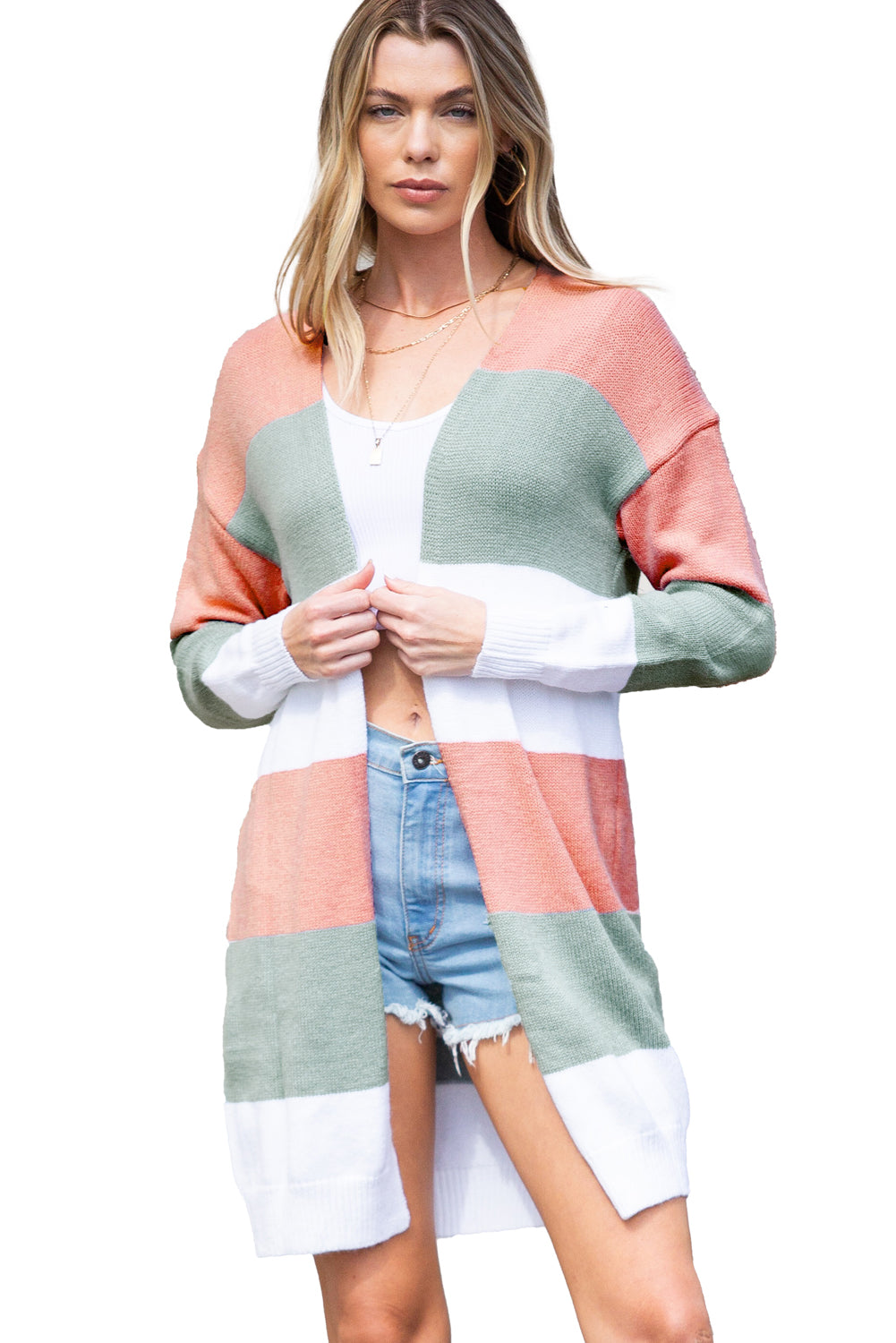 Gray Colorblock Stripe Open Front Cardigan