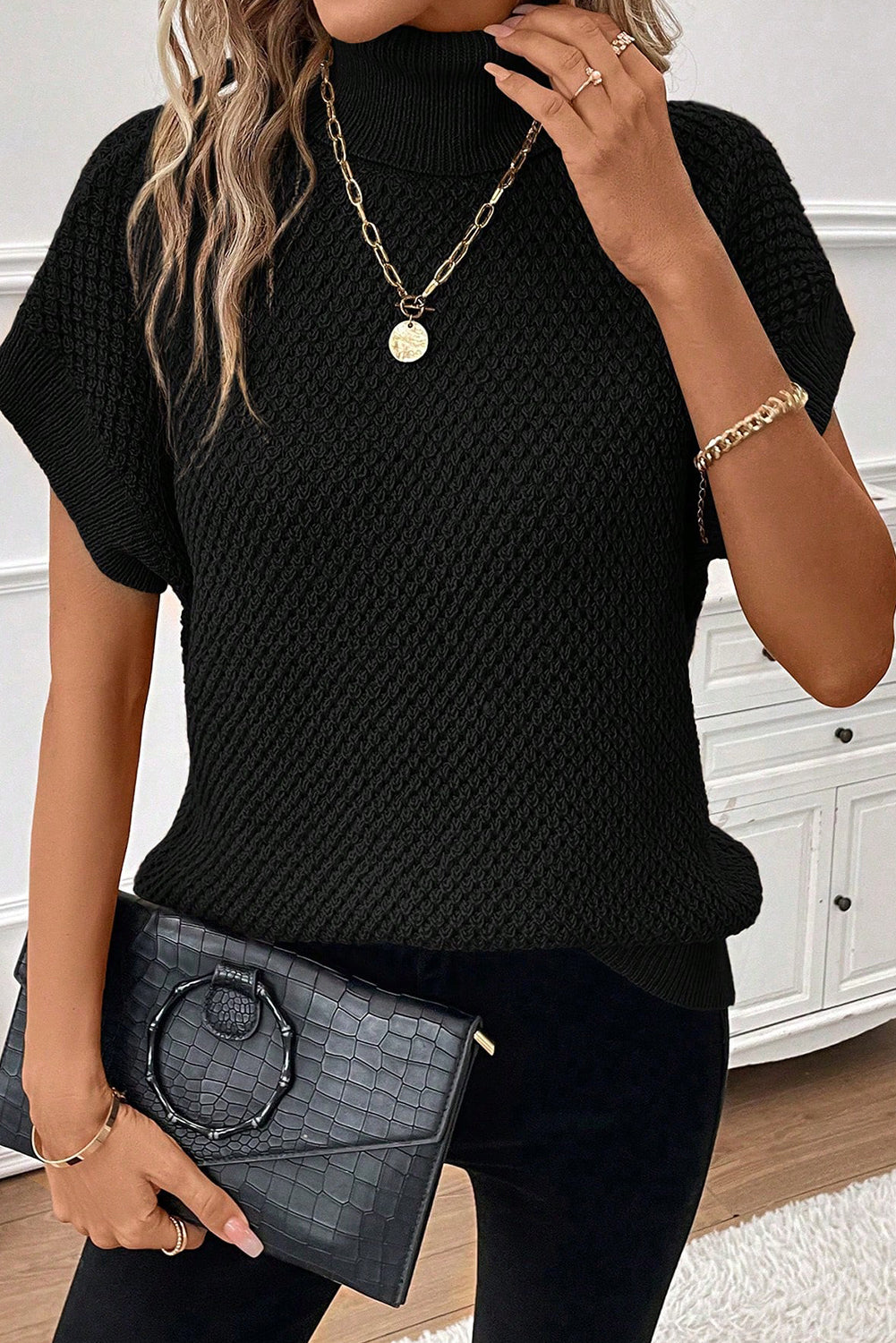 Khaki Ribbed Turtleneck Textured Short Sleeve Sweater