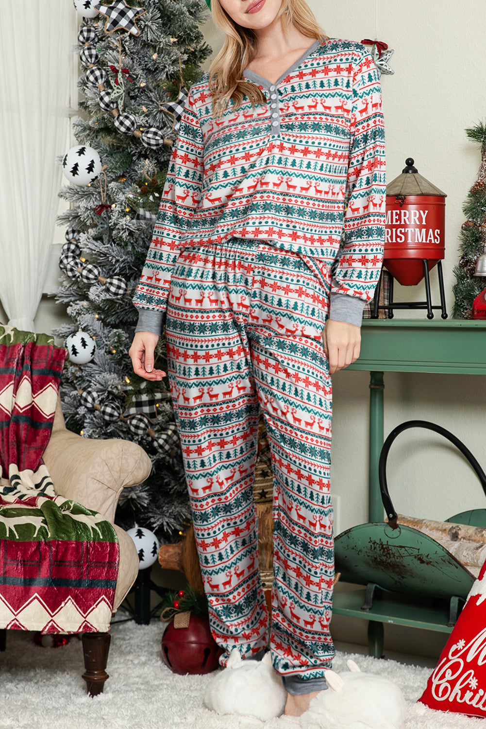 White Christmas Print Henley Top and Pants Loungewear Set