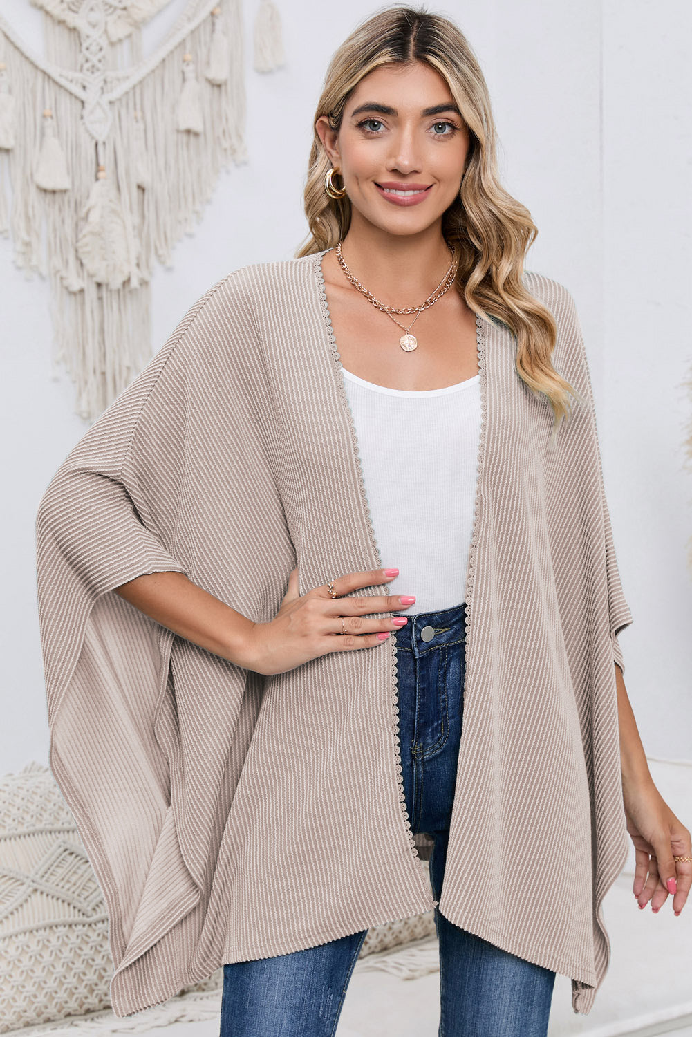 Apricot Textured Lace Trim Open Front Kimono Cardigan