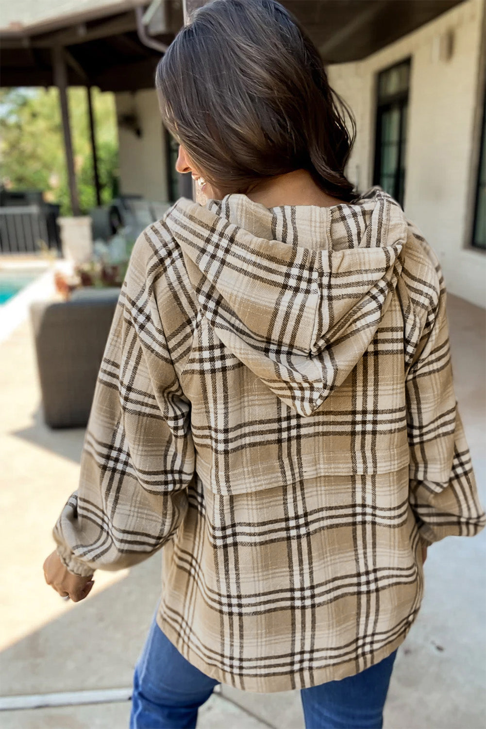 Khaki Plaid Kangaroo Pocket Zipped Hoodie