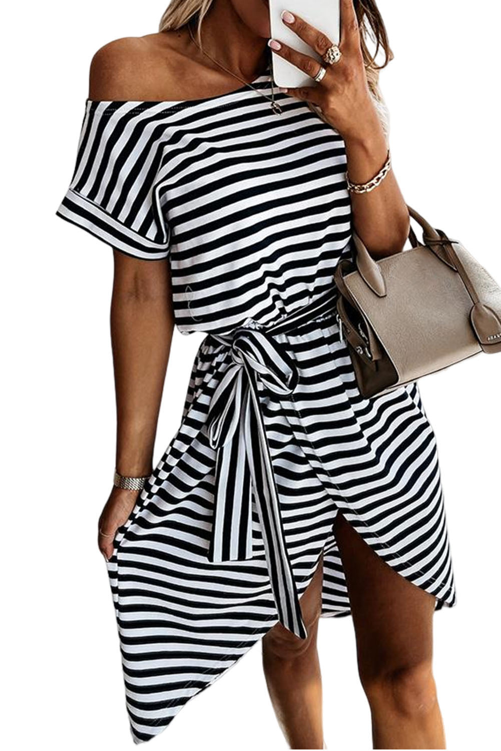 Khaki Stripe Belted Wrapped Hemline T-Shirt Dress