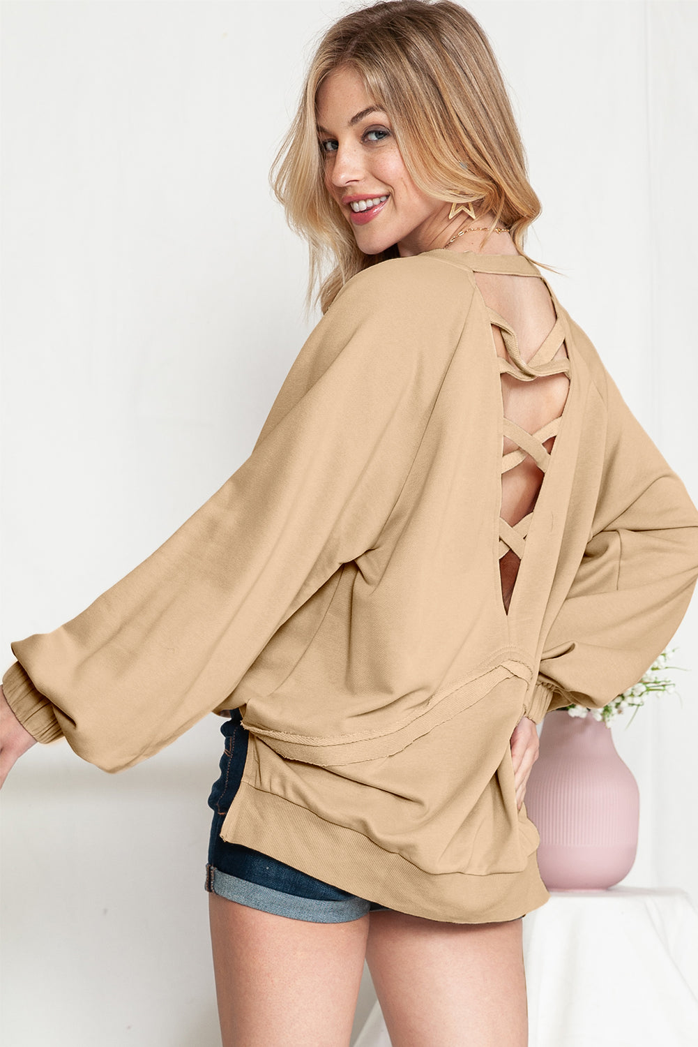 Flaxen Patchwork Crisscross Back Oversized Sweatshirt