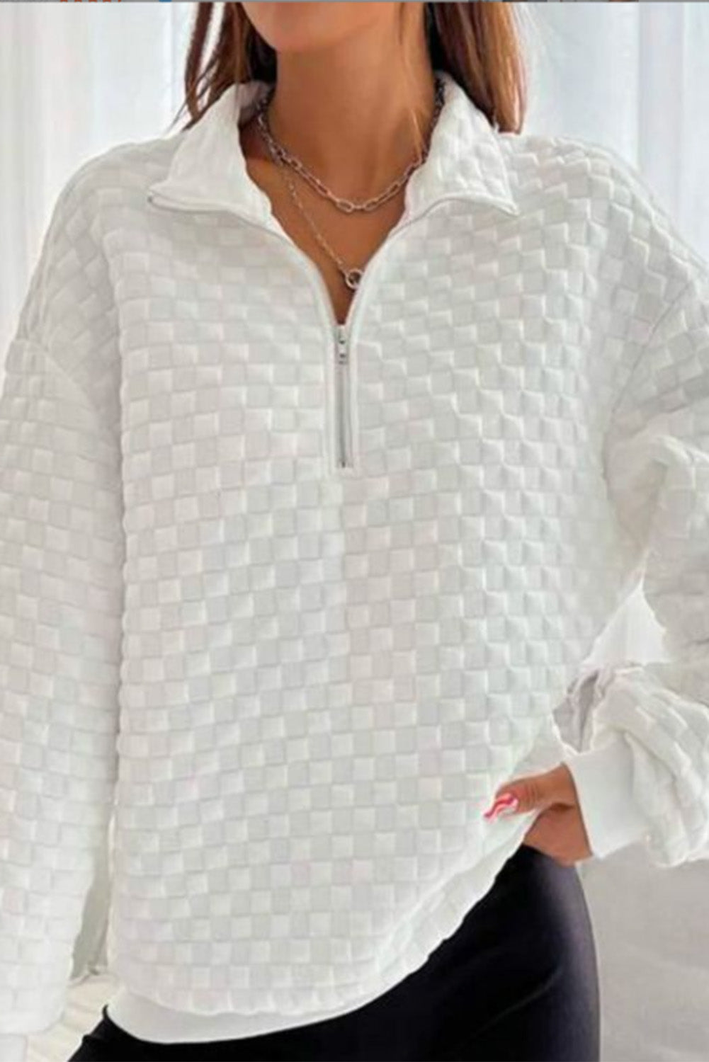 White Casual Drop Sleeve Zip-up Collared Sweatshirt