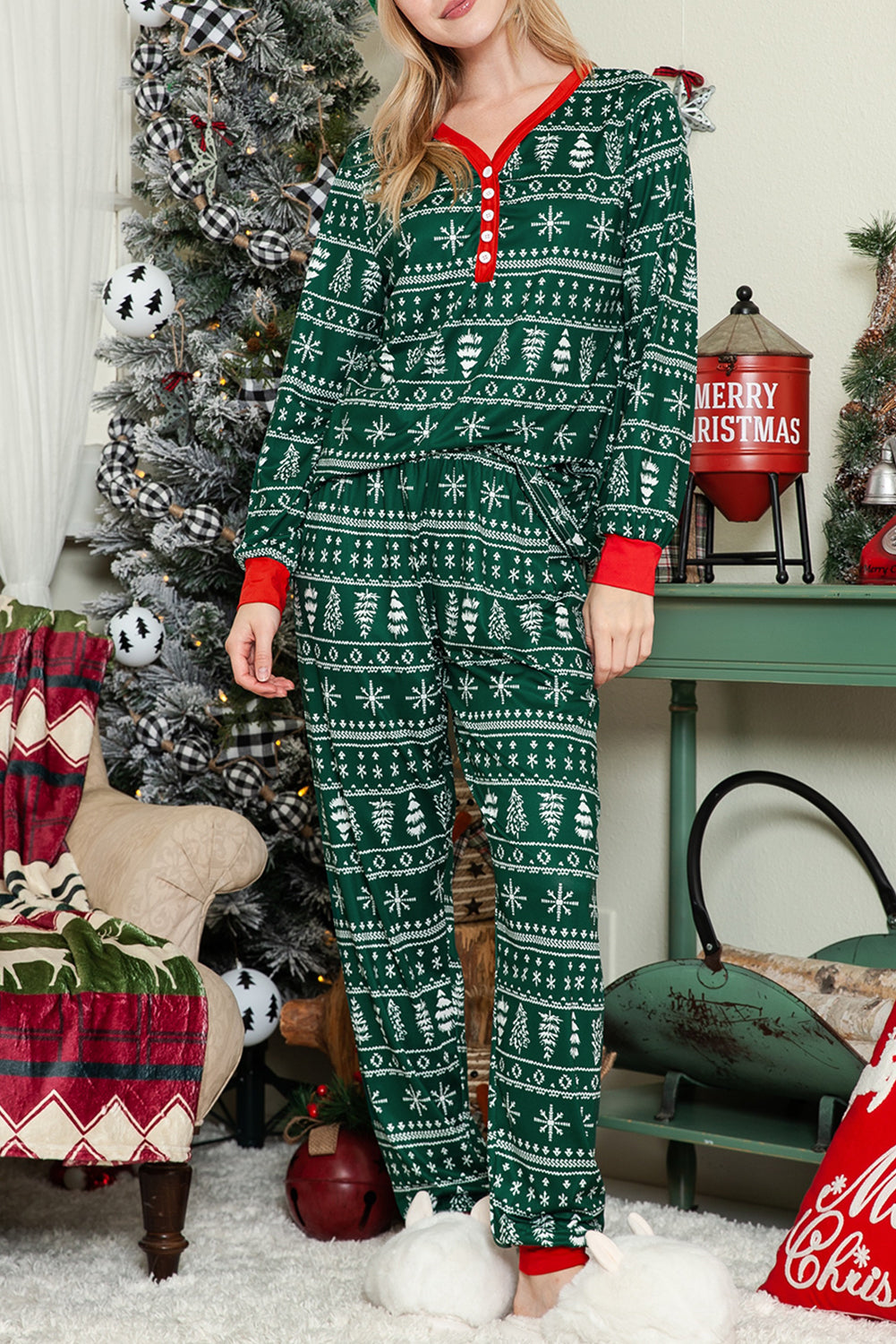 White Christmas Print Henley Top and Pants Loungewear Set