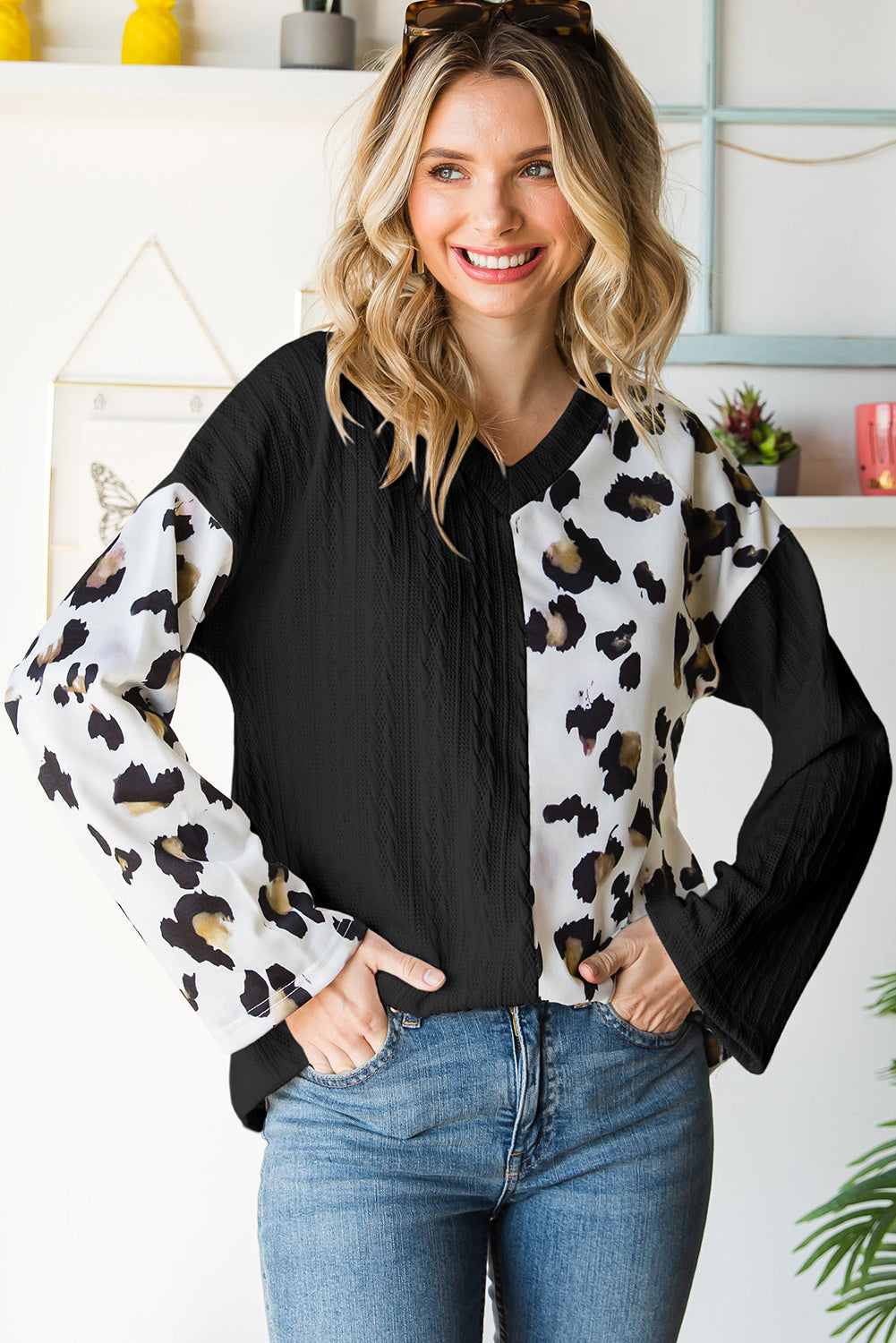 Black V Neck Leopard Colorblock Patchwork Long Sleeve Top